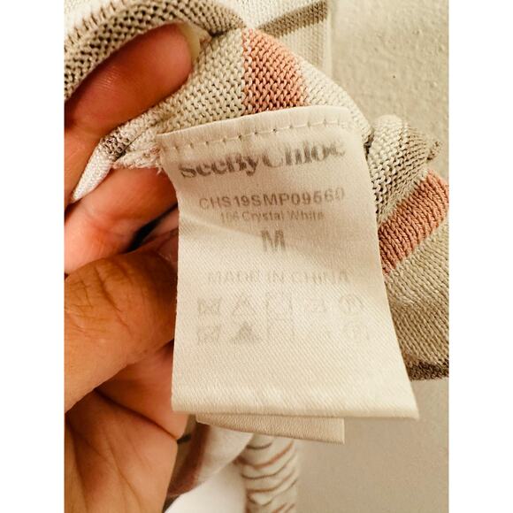 SEE BY CHLOÉ Cream Pink Striped Puff Sleeves Crewneck Sweater Size Medium - Picture 10 of 14